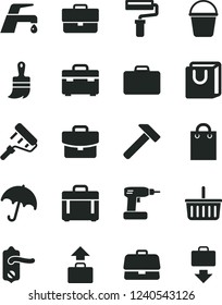 Solid Black Vector Icon Set - paint roller vector, briefcase, grocery basket, cordless drill, bucket, wooden brush, suitcase, door knob, faucet mixer, hammer, case, umbrella, bag with handles