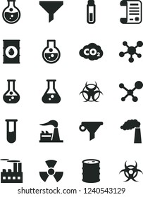 Solid Black Vector Icon Set - round flask vector, manufacture, factory, oil, barrel, industrial building, carbon dyoxide, filter, water, research article, test tube, molecule, nuclear, biohazard