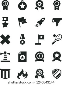 Solid Black Vector Icon Set - cross vector, flag, lighthouse, water filter, space rocket, flame, medal, star, with pennant, ribbon, hero, certificate, tennis, shield