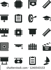 Solid Black Vector Icon Set - movie cracker vector, hedge, square academic hat, processor, vintage sign, antique advertising signboard, billboard with illumination, cpu, memory, graduate, clipboard