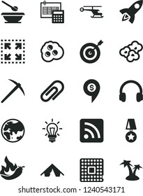 Solid Black Vector Icon Set - clip vector, rss feed, plates and spoons, calculation, size, popcorn, omelette, hot pepper, planet, processor, light bulb, headphones, target, star medal, mine axe