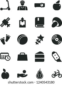 Solid Black Vector Icon Set - upload archive data vector, bath ball, footprints, child Kick scooter, e, builder, knife, CD, porcini, piece of cake, apple, apricot, part guava, catch a coin, agenda