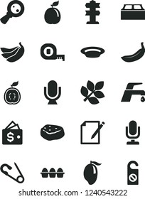 Solid Black Vector Icon Set - desktop microphone vector, open pin, measuring tape, building block, faucet mixer, notes, bundle of eggs, plate, piece meat, mango, banana, bananas, guava, half guawa