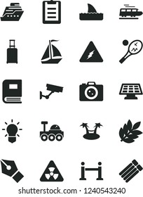 Solid Black Vector Icon Set - electricity vector, nuclear, bulb, book, clipboard, sun panel, lunar rover, biology, ink pen, train, sail boat, rope barrier, rolling suitcase, camera, tennis, cruiser