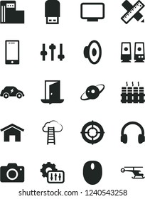 Solid Black Vector Icon Set - camera vector, loudspeaker, writing accessories, radiator, home, smartphone, modern gas station, electric transport, mouse, monitor, usb flash, headphones, pc speaker