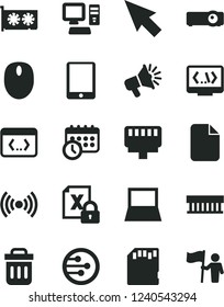 Solid Black Vector Icon Set - loudspeaker vector, computer, tablet pc, notebook, radiator fan, encrypting, mouse, gpu card, network, trash bin, coding, lan connector, wireless, projector, sd, cursor