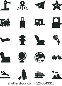Solid Black Vector Icon Set - paper airplane vector, Baby chair, car child seat, map, globe, planet, coastal lighthouse, man hold world, plane, train, camper, bus, passenger, rolling suitcase