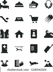 Solid Black Vector Icon Set - plane vector, taxi, escalator, rolling case, credit card, hotel, boungalow, beach, hawaii wreath, hospital bed, medical room, surfing, access, safe, cart, life vest