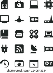 Solid Black Vector Icon Set - laptop vector, rss feed, e, camera, math actions, plug, satellite antenna, SIM, notebook pc, cpu, gpu card, monitor, router, scanner, browser, connect, history