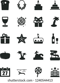 Solid Black Vector Icon Set - daily calendar vector, birthday cake, gift, Easter, torte, lollipop, glass, pumpkin, wine, beach, palm tree, hawaii wreath, disco ball, aquapark, starfish, surfing