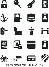 Solid Black Vector Icon Set - Baby chair vector, door knob, lock, key, anchor, passport, reverse side of a bank card, encrypting, big data, biohazard, airport tower, rope barrier, identity, access