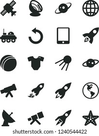 Solid Black Vector Icon Set - counterclockwise vector, t short, bath ball, earth, artificial satellite, planet, rocket, space, tablet pc, telescope, antenna, saturn, lunar rover, starfish