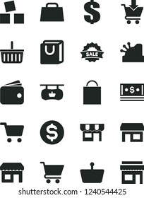 Solid Black Vector Icon Set - paper bag vector, grocery basket, dollar, cubes for children, cart, put in, with handles, kiosk, stall, shopping, antique advertising signboard, wallet, cash, hand