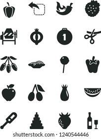 Solid Black Vector Icon Set - electronic thermometer vector e, stacking toy, concrete mixer, move left, slices of onion, chili, peper, Chupa Chups, strawberries, red apple, strawberry, rose hip