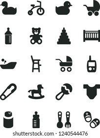 Solid Black Vector Icon Set - baby cot vector, feeding bottle, measuring for, powder, Child T shirt, beanbag, stroller, carriage, safety pin, rubber duck, duckling, children's bathroom, stacking toy