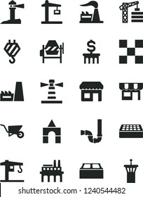 Solid Black Vector Icon Set - box of bricks vector, crane, tower, hook, building trolley, concrete mixer, siphon, tile, brick, block, kiosk, factory, thermal power plant, industrial enterprise
