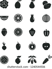 Solid Black Vector Icon Set - beet vector, strawberry, squash, quince, tasty apple, raspberry, rose hip, mulberry, water melon, loquat, goji berry, slice, half cherry, juicy lemon, of passion fruit