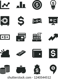Solid Black Vector Icon Set - purse vector, growth up, graph, strongbox, cards, coins, chart, denomination of the dollar, financial item, cash machine, cashbox, report, gold bar, coin, money bag