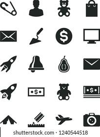 Solid Black Vector Icon Set - bell vector, monitor, envelope, open pin, teddy bear, small, building trowel, drawing, part of guava, woman, dollar, cash, bag, rocket, private plane, tent, camera