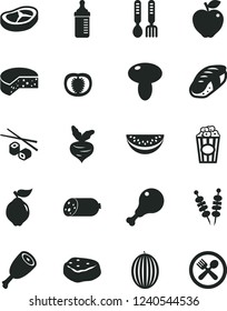 Solid Black Vector Icon Set - measuring bottle for feeding vector, iron fork spoons, sausage, cheese, fried vegetables on sticks, mushroom, chicken leg, thigh, bacon, piece of meat, sushi, quince