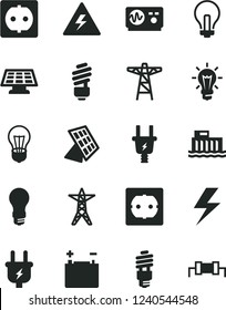 Solid Black Vector Icon Set - lightning vector, danger of electricity, incandescent lamp, saving light bulb, power socket type f, accumulator, hydroelectric station, line, pole, plug, electric