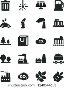 Solid Black Vector Icon Set - bin vector, bag with handles, apple stub, solar panel, gas station, manufacture, factory, hydroelectric, hydroelectricity, trees, forest, industrial building, CO2