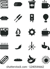 Solid Black Vector Icon Set - heating coil vector, boiler, coffee, sausage, loaf, Hot Dog, pie, barbecue, cup of tea, coffe to go, a glass, red pepper, outdoor thermometer, steel production, flame