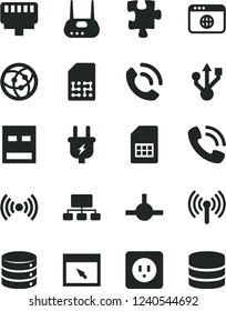 Solid Black Vector Icon Set - Puzzle vector, power socket type b, big data, phone call, plug, SIM card, scheme, usb, router, network, browser, connect, lan connector, wireless