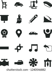 Solid Black Vector Icon Set - graphite pencil vector, minus, a chair for feeding child, plastic brush, move left, japanese sushi, working oil derrick, valve, retro car, location, recession, fan, dna