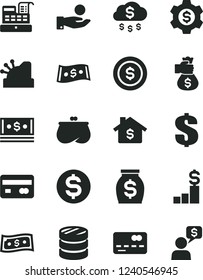 Solid Black Vector Icon Set - dollar vector, reverse side of a bank card, front the, column coins, catch coin, purse, money, cash, machine, cashbox, bag hand, rain, mortgage, pedestal, gear, dialog