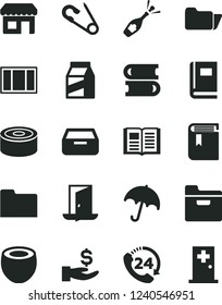 Solid Black Vector Icon Set - book vector, open pin, books, window frame, umbrella, folder, drawer, 24, package, canned goods, half of coconut, kiosk, get a wage, exit door, champagne, medical room