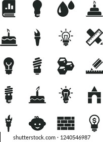 Solid Black Vector Icon Set - children's hairdo vector, box of bricks, cake, birthday, brickwork, saving light bulb, writing accessories, drawing, honeycombs, drop, energy, book on statistics, idea
