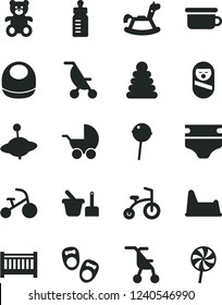 Solid Black Vector Icon Set - baby cot vector, feeding bottle, diaper, bib, stroller, summer, sitting, stacking rings, roly poly doll, toy sand set, children's potty, chair, teddy bear, yule