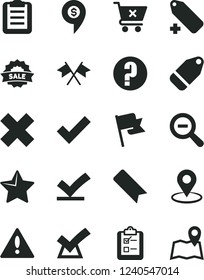 Solid Black Vector Icon Set - warning vector, bookmark, zoom out, check mark, cross, add label, question, star, flag, crossed cart, survey, geolocation, sale, clipboard, flags, vote, confirm, map