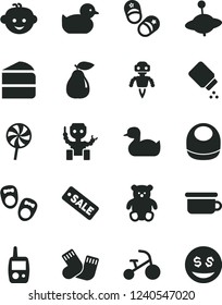 Solid Black Vector Icon Set - baby powder vector, bib, rubber duck, duckling, warm socks, toy mobile phone, children's potty, small teddy bear, hairdo, yule, tricycle, shoes for little children