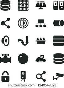 Solid Black Vector Icon Set - loudspeaker vector, sewerage, boiler, lock, big data, cabbage, solar panel, valve, autopilot, processor, pipe, court hearing, connection, connections, scheme