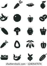 Solid Black Vector Icon Set - stick of sausage vector, slices onion, lettuce in a plate, cabbage, cucumber, chili, peper, carrot, coffee beans, quince, blackberry, goji berry, Bell pepper, ripe, red