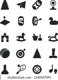 Solid Black Vector Icon Set - paper airplane vector, rubber duck, bath ball, stacking rings, toy, roly poly doll, tumbler, sand set, yule, rocking horse, small, box of bricks, joystick, cup, pawn