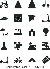 Solid Black Vector Icon Set - stacking rings vector, toy, box of bricks, child bicycle, Kick scooter, Puzzle, Puzzles, pawn, air balloon, hang glider, bike, tent, arnchair under umbrella, pool, golf