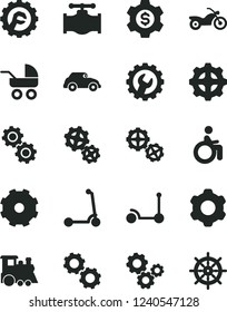 Solid Black Vector Icon Set - truck lorry vector, baby carriage, children's train, Kick scooter, child, gears, cogwheel, gear, star, valve, retro car, dollar, motorcycle, disabled, handwheel