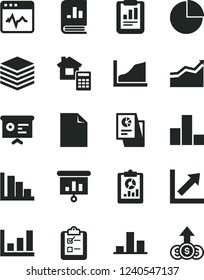 Solid Black Vector Icon Set - clean sheet of paper vector, pie chart, bar, growth, positive histogram, estimate, cardiogram, pile, survey, statistical report, overview, book on statistics, research