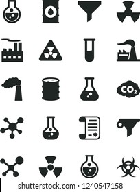 Solid Black Vector Icon Set - round flask vector, manufacture, factory, oil, barrel, industrial building, radiation, carbon dyoxide, filter, water, research article, test tube, molecule, nuclear