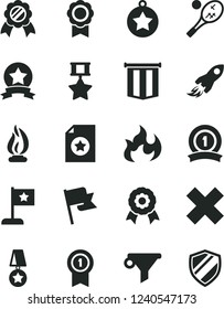 Solid Black Vector Icon Set - cross vector, flag, water filter, space rocket, flame, medal, star, with pennant, ribbon, hero, certificate, tennis, shield