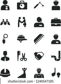 Solid Black Vector Icon Set - accessories for a hairstyle vector, comb, builder, workman, siphon, construction helmet, plummet, employee, camera, welding, briefcase, hand shake, dispatcher, golf