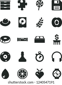 Solid Black Vector Icon Set - floppy disk vector, hat, storage unit, Puzzle, building level, block, headphones, drop, cake with a hole, lollipop, half apricot, juicy lemon, hdd, cd, stopwatch, pawn
