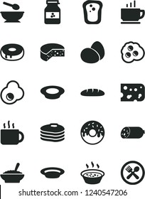 Solid Black Vector Icon Set - deep plate with a spoon vector, coffee, sausage, piece of cheese, eggs, loaf, cake hole, glazed, bowl buckwheat porridge, in saucepan, milk, cup tea, fried egg, jar jam