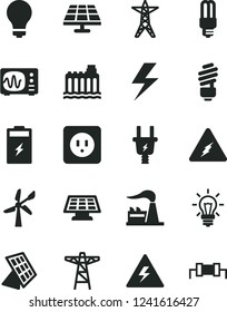 Solid Black Vector Icon Set - lightning vector, danger of electricity, matte light bulb, saving, power socket type b, charging battery, solar panel, wind energy, factory, hydroelectricity, line, sun