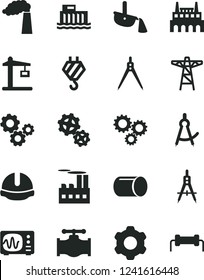 Solid Black Vector Icon Set - hook vector, cogwheel, construction helmet, valve, manufacture, hydroelectric station, power pole, industrial building, factory, gears, crane, pipe, Measuring compasses