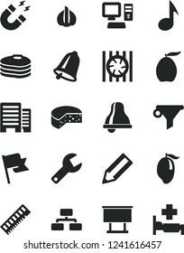 Solid Black Vector Icon Set - repair key vector, bell, buildings, flag, flowchart, cheese, pancakes, mango, loquat, garlic, billboard, water filter, pencil, computer, radiator fan, memory, note