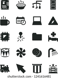 Solid Black Vector Icon Set - folder vector, toys over the cradle, children's train, drum, shower, interroom door, porridge in a saucepan, cup of tea, biscuit, marine propeller, smd, notebook pc